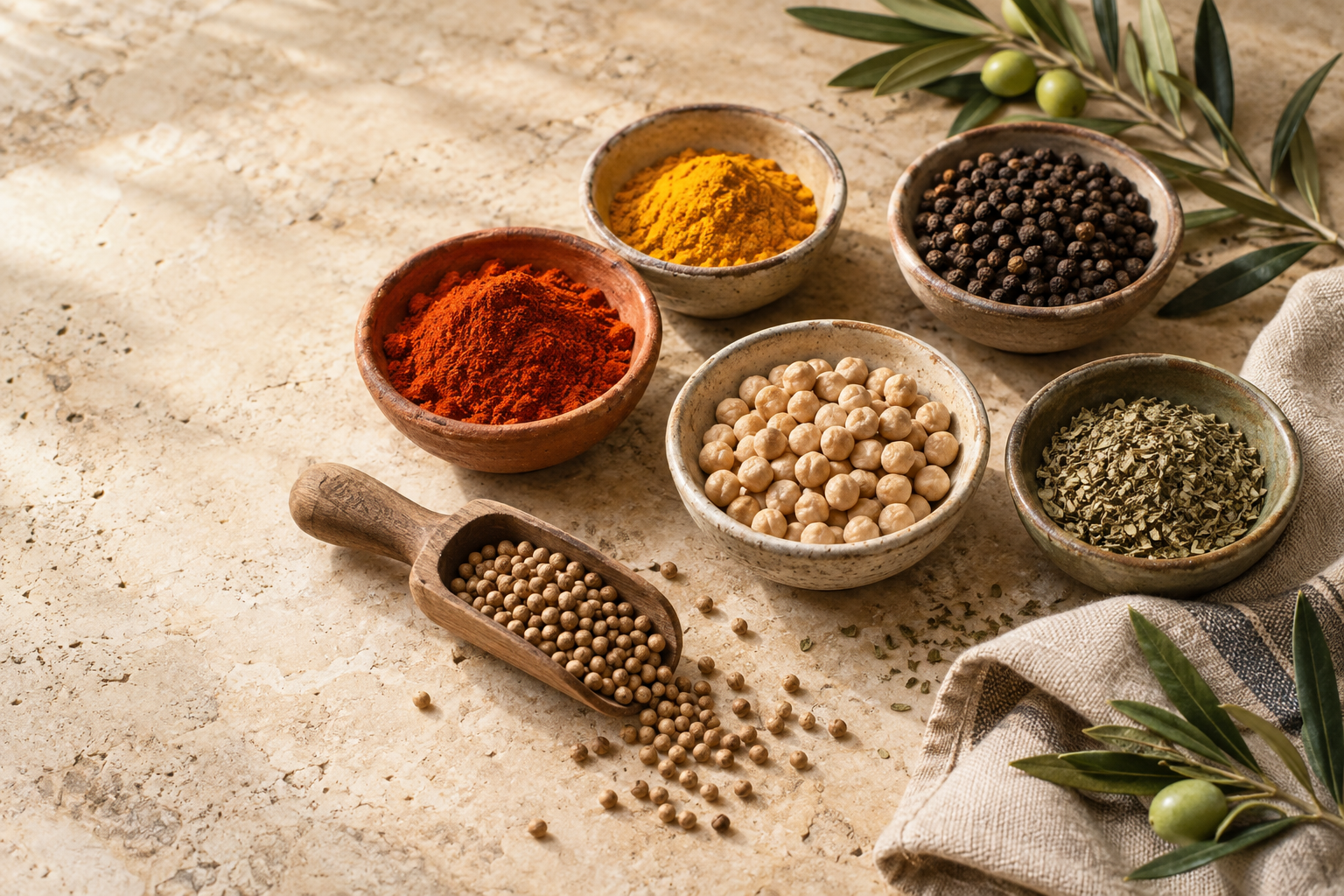 Composición editorial de especias, garbanzos y hierbas en cuencos de cerámica