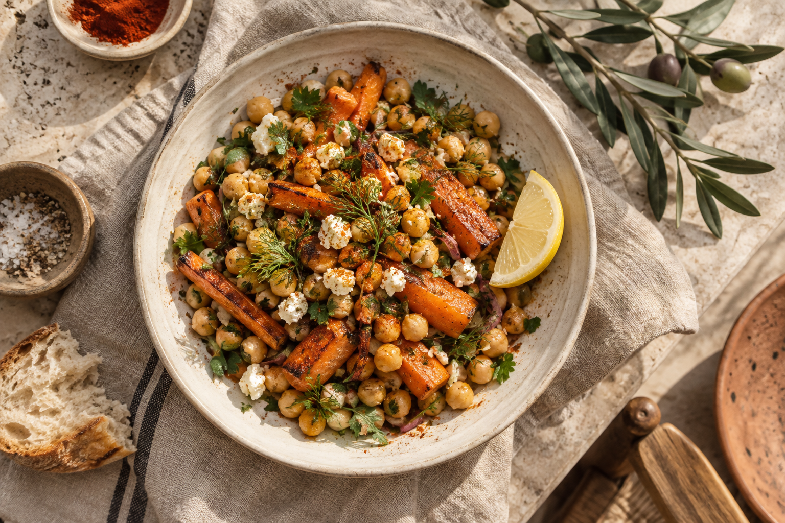 Inspiración culinaria con garbanzos, zanahorias asadas y hierbas